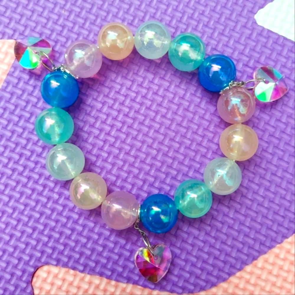 Handmade Kawaii Cute Rainbow Iridescent Heart Charm Bracelet Y2K